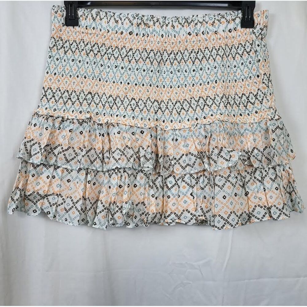 Loft Orange White Smocked Geometric Print Ruffle Tiered Tina PullOn Skirt XL New